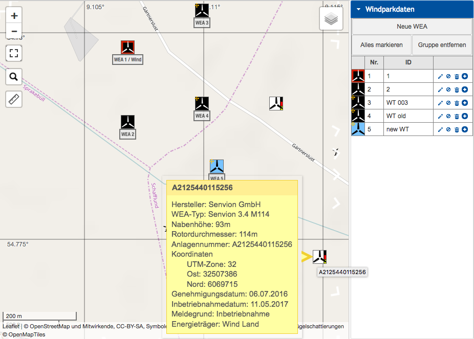 Windpark mit WEAs aus dem Marktstammdatenregister (MaStR)
