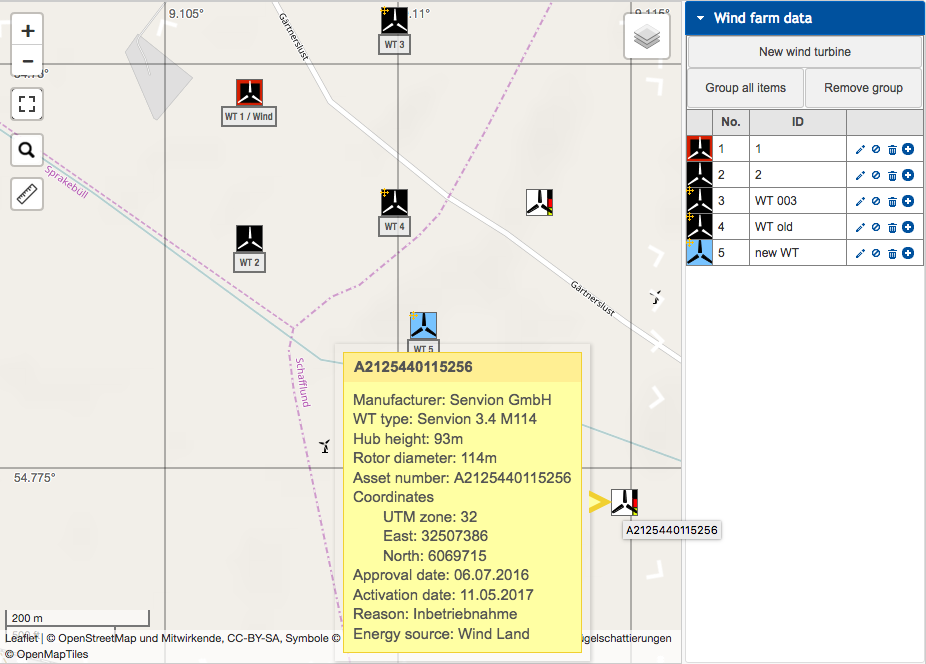 Wind farm surrounded by WTs from the Official governmental wind turbine register (MaStR)