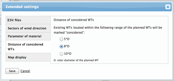 Settings dialog of the distance of considered WTs