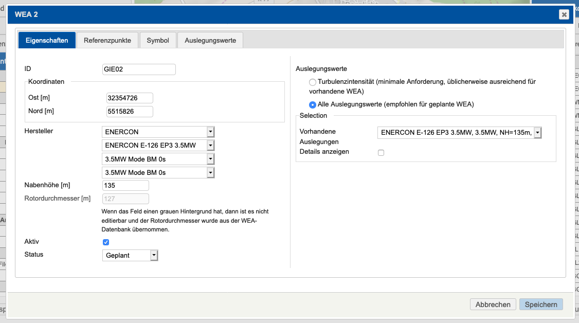 WEA-Editor mit Auswahl der Auslegung