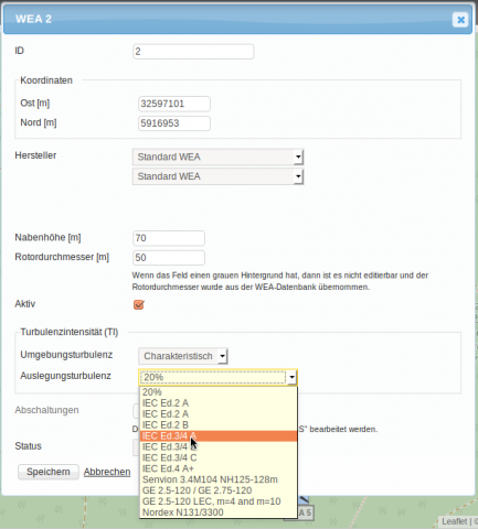 WEA-Dialog mit der neuen Auswahl zur Turbulenzintensität